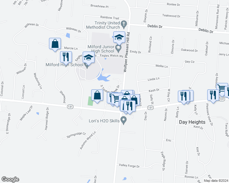 map of restaurants, bars, coffee shops, grocery stores, and more near 5500 Timber Court in Milford