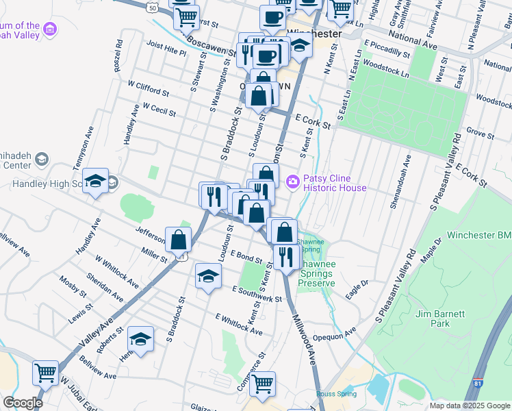 map of restaurants, bars, coffee shops, grocery stores, and more near in Winchester