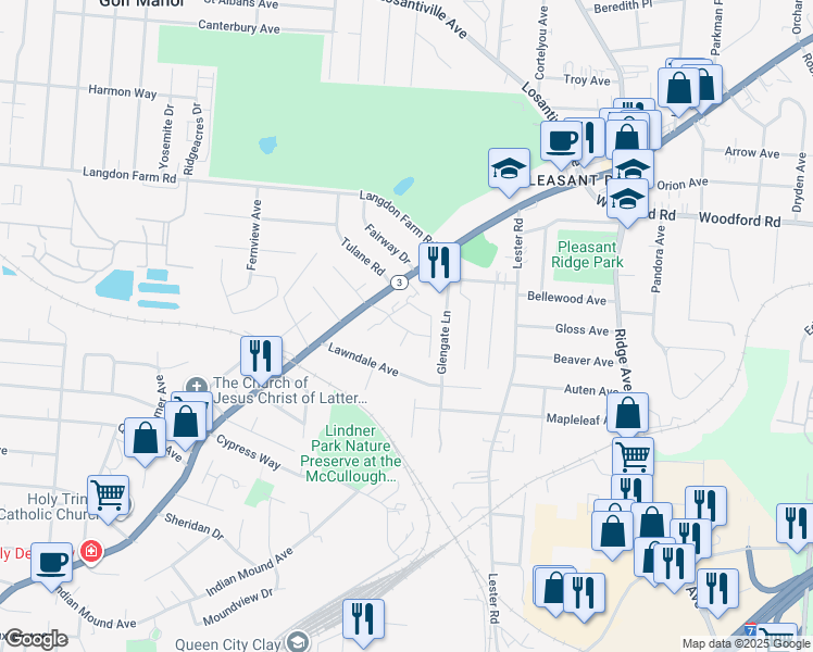 map of restaurants, bars, coffee shops, grocery stores, and more near 2891 Colonial Ridge Court in Cincinnati