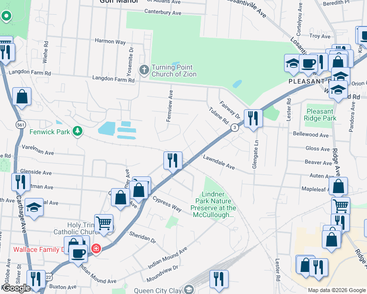 map of restaurants, bars, coffee shops, grocery stores, and more near 5601 Abbottsford Street in Cincinnati