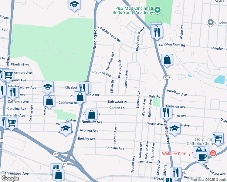 map of restaurants, bars, coffee shops, grocery stores, and more near 5003 Grafton Avenue in Cincinnati