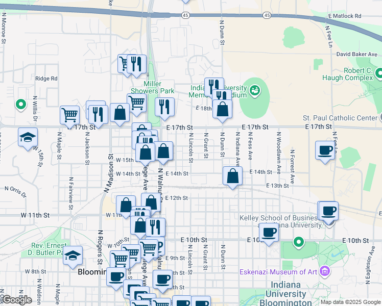map of restaurants, bars, coffee shops, grocery stores, and more near 309 East 15th Street in Bloomington