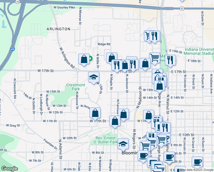 map of restaurants, bars, coffee shops, grocery stores, and more near 1221 North Maple Street in Bloomington