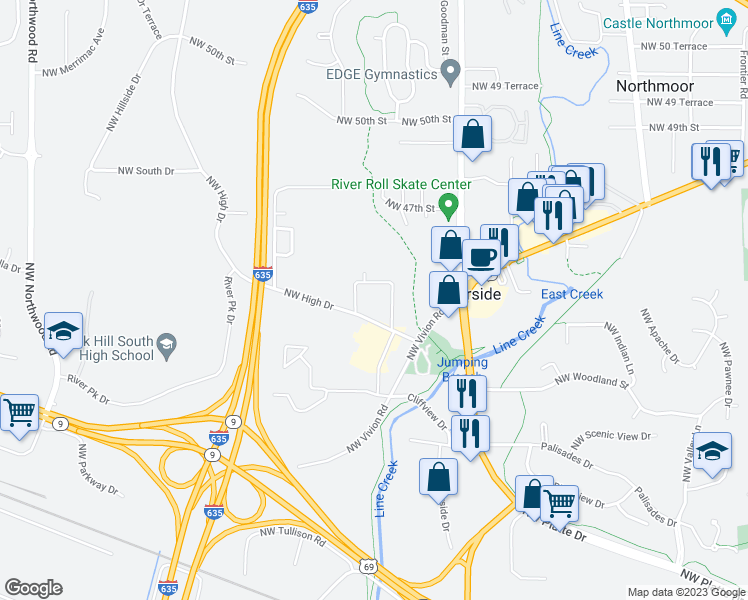 map of restaurants, bars, coffee shops, grocery stores, and more near 4545 Northwest High Drive in Riverside