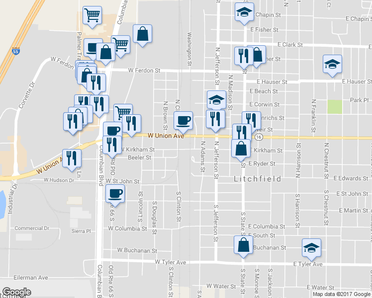 map of restaurants, bars, coffee shops, grocery stores, and more near 518 West Kirkham Street in Litchfield