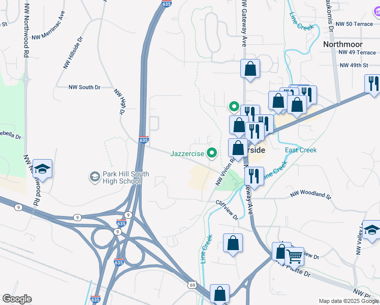 map of restaurants, bars, coffee shops, grocery stores, and more near 4520 Northwest Greystone Court in Riverside