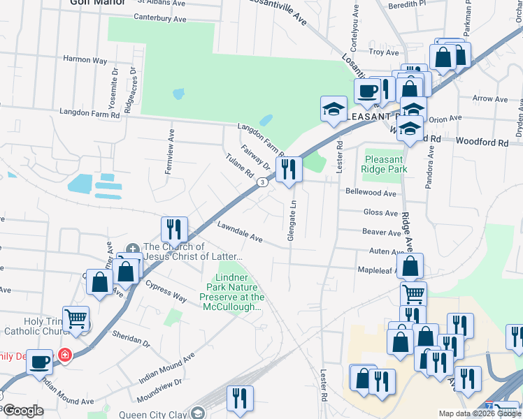 map of restaurants, bars, coffee shops, grocery stores, and more near 2891 Colonial Ridge Court in Cincinnati
