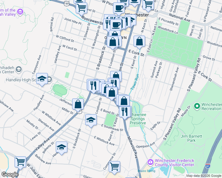 map of restaurants, bars, coffee shops, grocery stores, and more near in Winchester