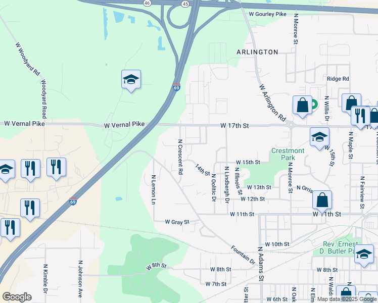 map of restaurants, bars, coffee shops, grocery stores, and more near 1205 North Glandore Drive in Bloomington