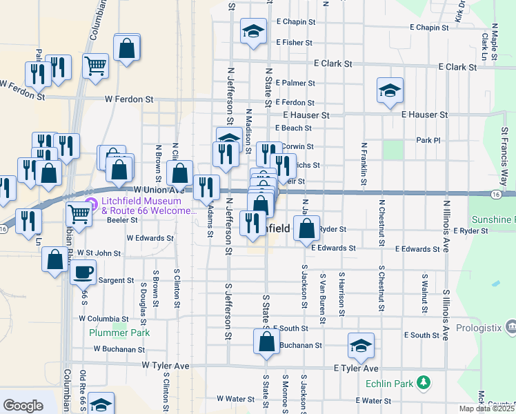 map of restaurants, bars, coffee shops, grocery stores, and more near 318 North Madison Street in Litchfield