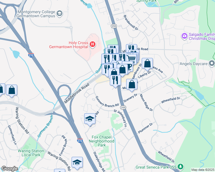 map of restaurants, bars, coffee shops, grocery stores, and more near 19621 Gunners Branch Road in Germantown