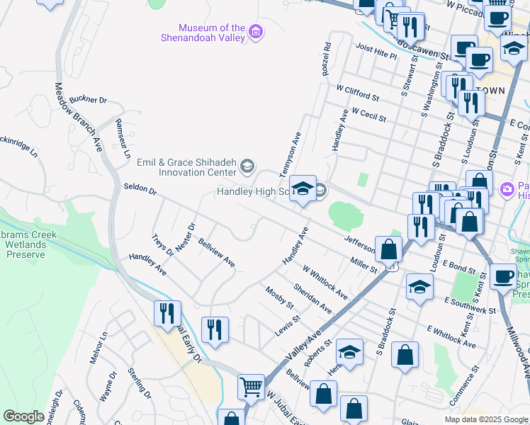 map of restaurants, bars, coffee shops, grocery stores, and more near 500 Miller Street in Winchester