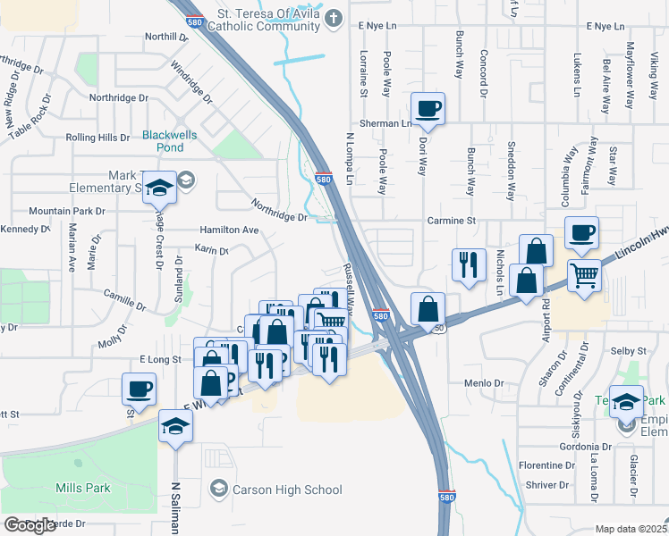 map of restaurants, bars, coffee shops, grocery stores, and more near 1756 Russell Way in Carson City