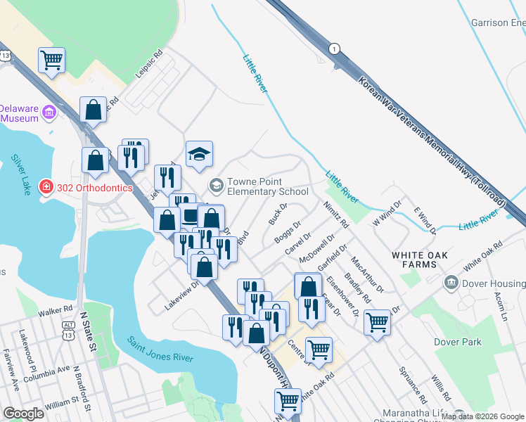 map of restaurants, bars, coffee shops, grocery stores, and more near 828 Townsend Boulevard in Dover