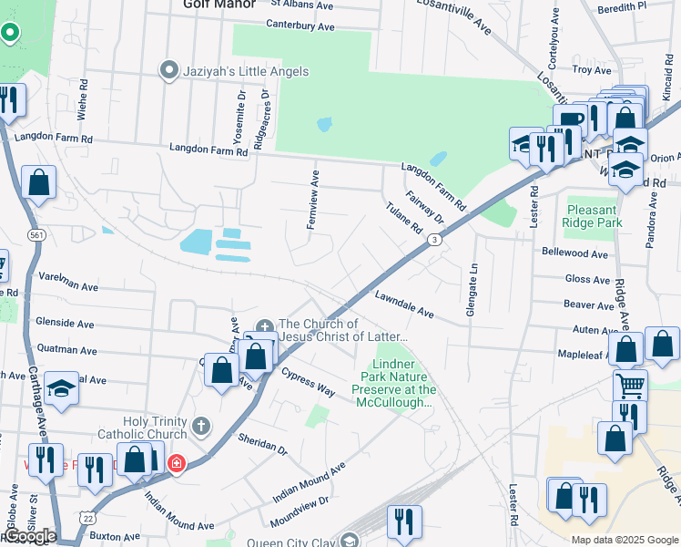 map of restaurants, bars, coffee shops, grocery stores, and more near 5601 Abbottsford Street in Cincinnati