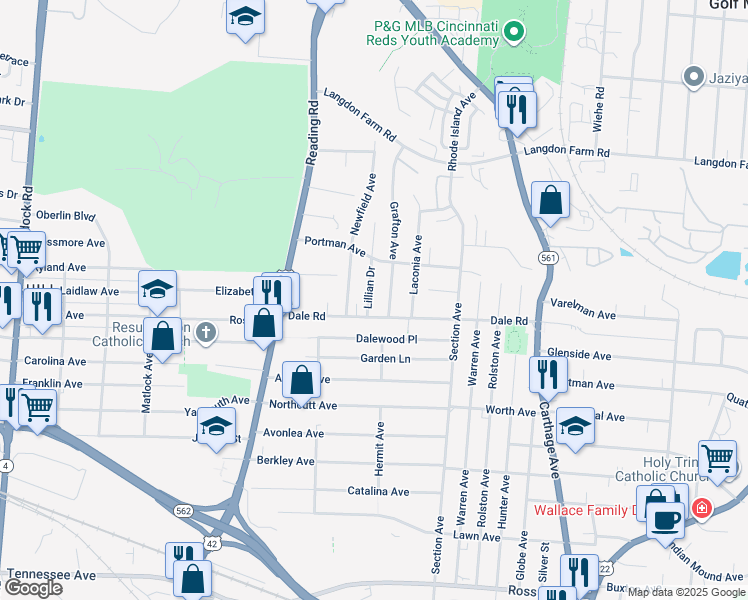 map of restaurants, bars, coffee shops, grocery stores, and more near 5003 Grafton Avenue in Cincinnati