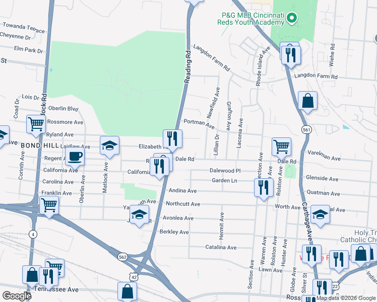 map of restaurants, bars, coffee shops, grocery stores, and more near 1732 Dale Road in Cincinnati