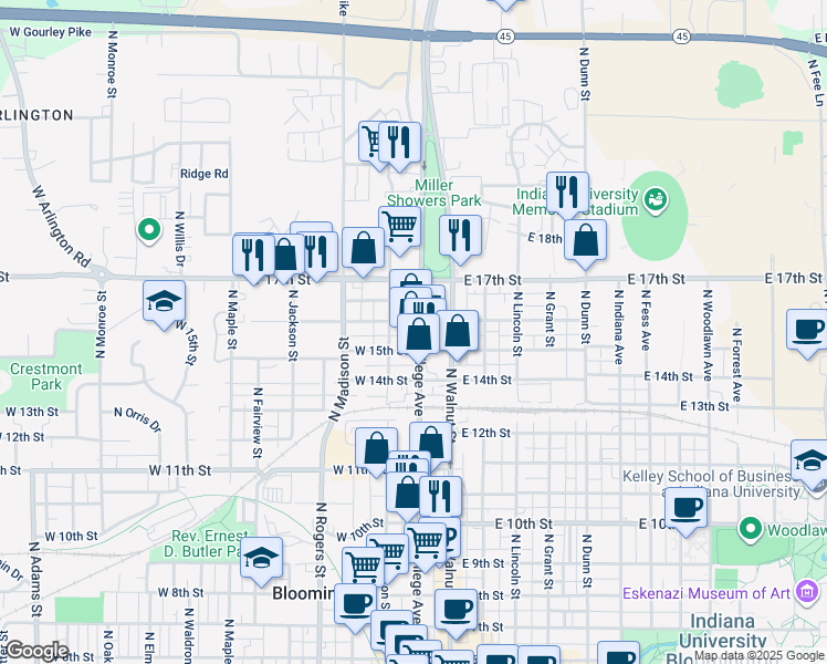map of restaurants, bars, coffee shops, grocery stores, and more near 1101 North College Avenue in Bloomington