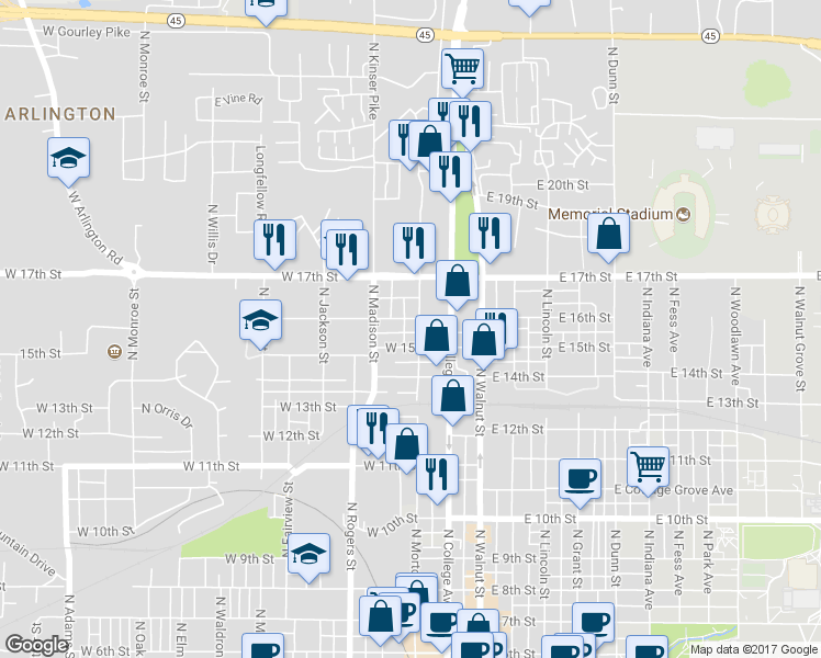map of restaurants, bars, coffee shops, grocery stores, and more near 1101 North Woodburn Avenue in Bloomington