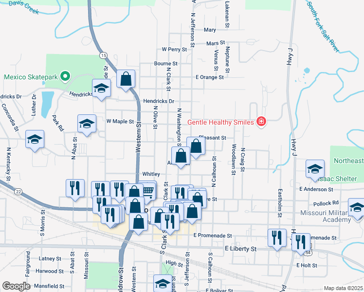 map of restaurants, bars, coffee shops, grocery stores, and more near 621 N Jefferson St in Mexico