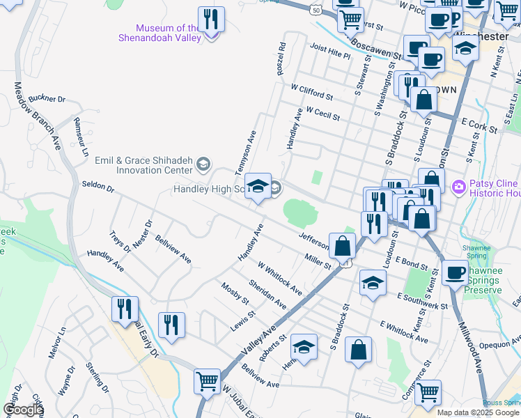 map of restaurants, bars, coffee shops, grocery stores, and more near 425 Handley Boulevard in Winchester