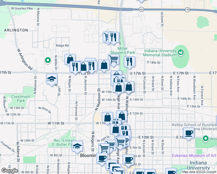 map of restaurants, bars, coffee shops, grocery stores, and more near 1101 North Woodburn Avenue in Bloomington