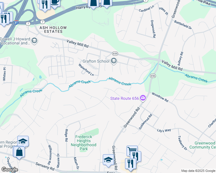 map of restaurants, bars, coffee shops, grocery stores, and more near 109 Jeni Court in Winchester