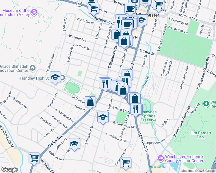 map of restaurants, bars, coffee shops, grocery stores, and more near 18 West Gerrard Street in Winchester