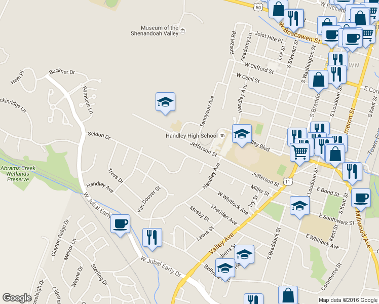 map of restaurants, bars, coffee shops, grocery stores, and more near 500 Miller Street in Winchester