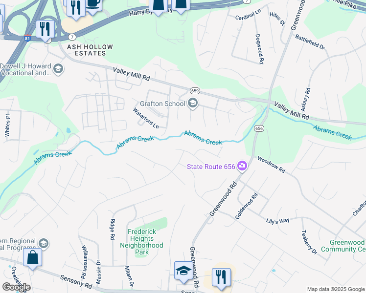 map of restaurants, bars, coffee shops, grocery stores, and more near 109 Jeni Court in Winchester