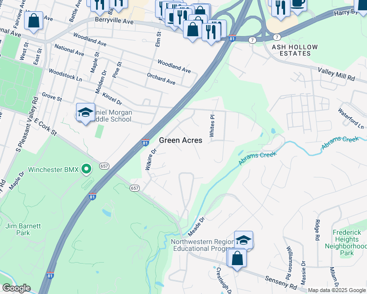 map of restaurants, bars, coffee shops, grocery stores, and more near 113 Wild Rose Circle in Winchester