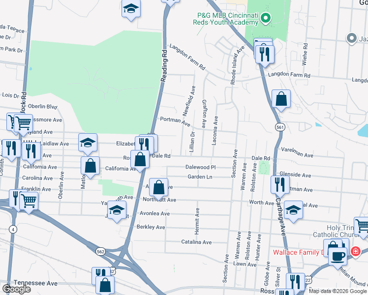 map of restaurants, bars, coffee shops, grocery stores, and more near 5016 Newfield Avenue in Cincinnati