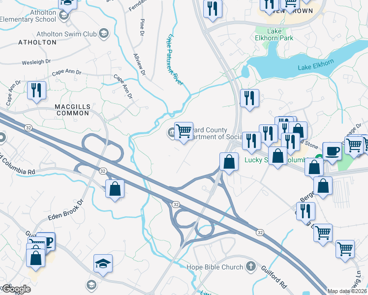 map of restaurants, bars, coffee shops, grocery stores, and more near 9770 Patuxent Woods Drive in Columbia