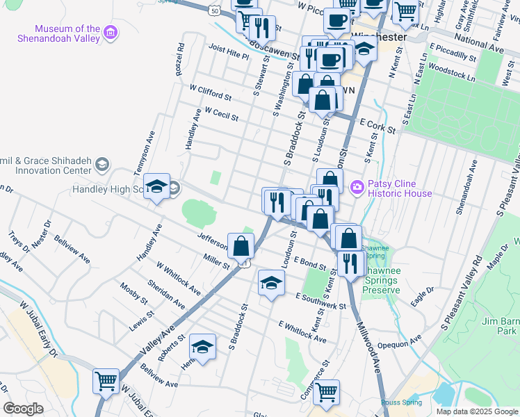 map of restaurants, bars, coffee shops, grocery stores, and more near 112 Handley Boulevard in Winchester
