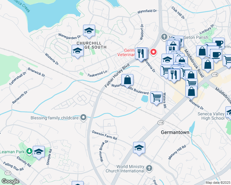 map of restaurants, bars, coffee shops, grocery stores, and more near 13612 Dover Cliffs Place in Germantown