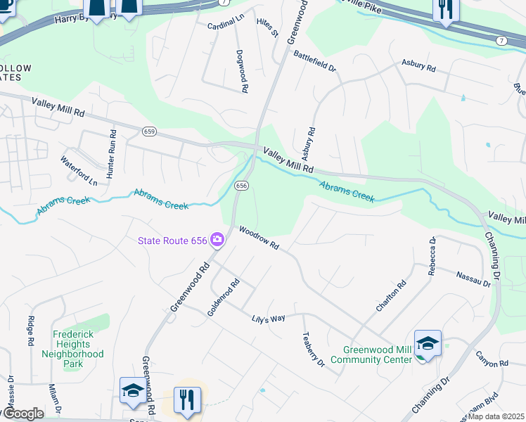 map of restaurants, bars, coffee shops, grocery stores, and more near 203 Emily Lane in Winchester