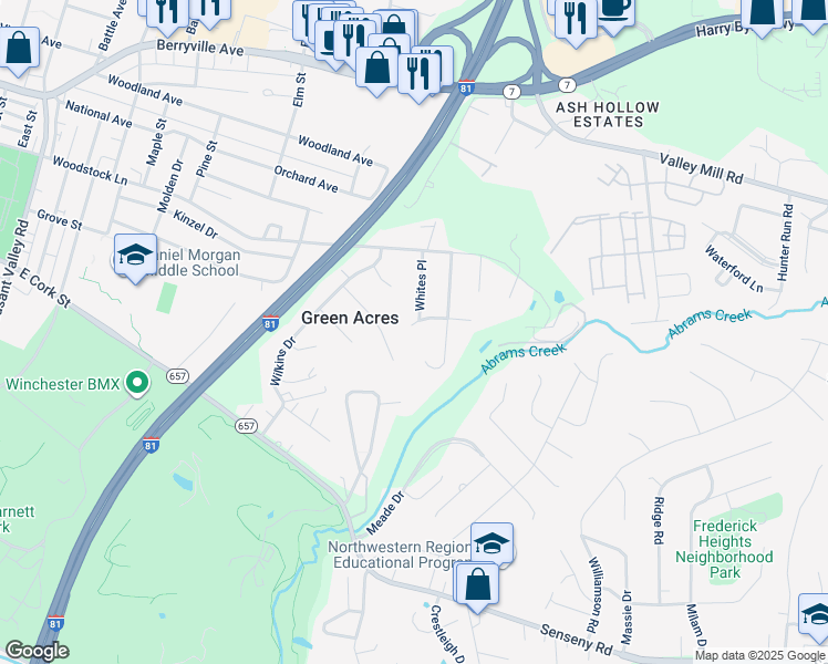 map of restaurants, bars, coffee shops, grocery stores, and more near 102 Twin Hill Circle in Winchester