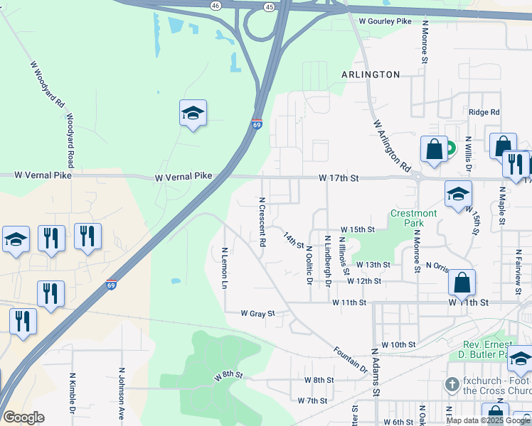 map of restaurants, bars, coffee shops, grocery stores, and more near 1210 North Crescent Road in Bloomington