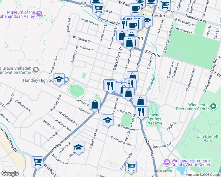 map of restaurants, bars, coffee shops, grocery stores, and more near 18 West Gerrard Street in Winchester