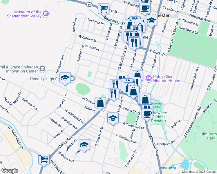 map of restaurants, bars, coffee shops, grocery stores, and more near 112 Handley Boulevard in Winchester
