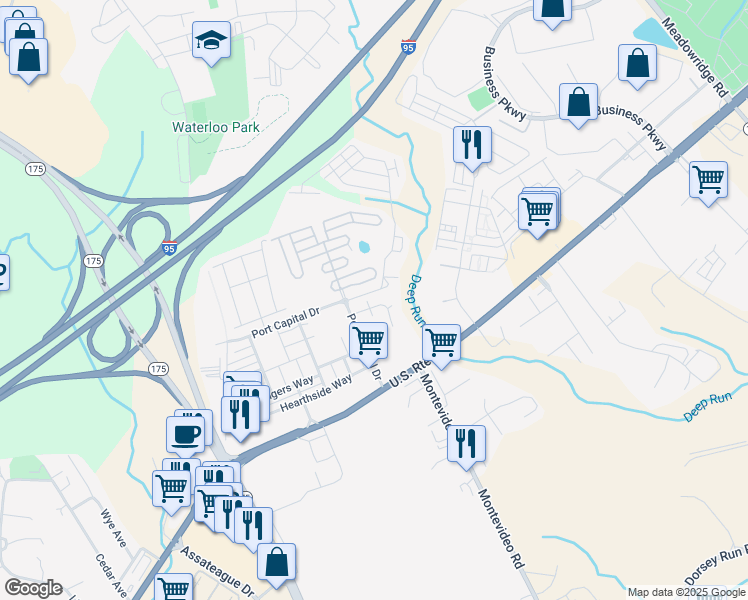 map of restaurants, bars, coffee shops, grocery stores, and more near 7110 Beverly Drive in Elkridge