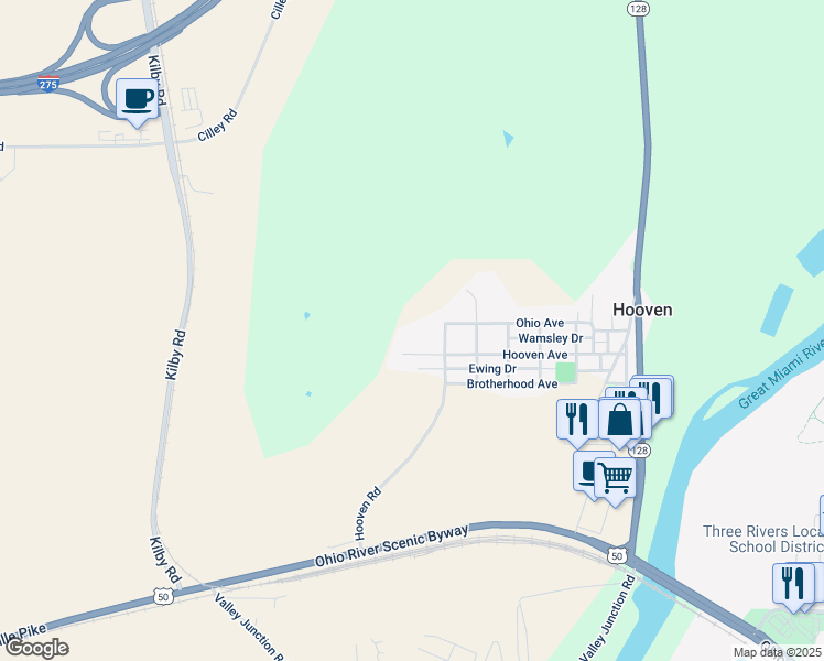 map of restaurants, bars, coffee shops, grocery stores, and more near in Hooven