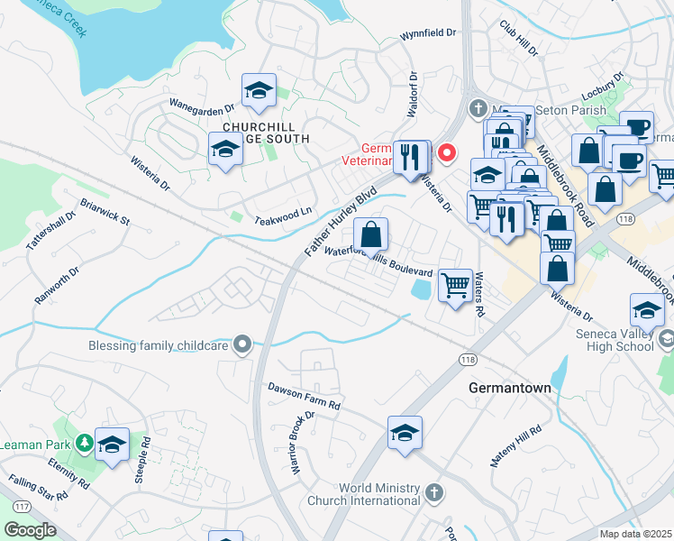 map of restaurants, bars, coffee shops, grocery stores, and more near 13612 Dover Cliffs Place in Germantown