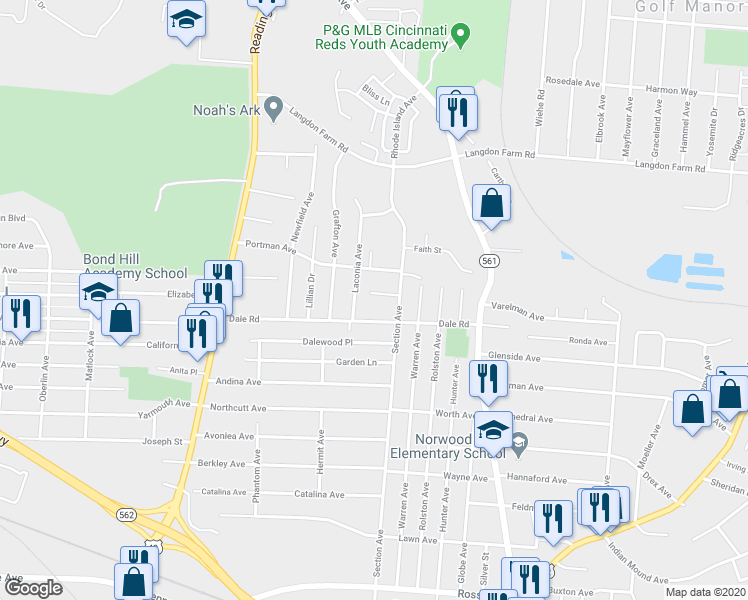 map of restaurants, bars, coffee shops, grocery stores, and more near 5006 Laconia Avenue in Cincinnati
