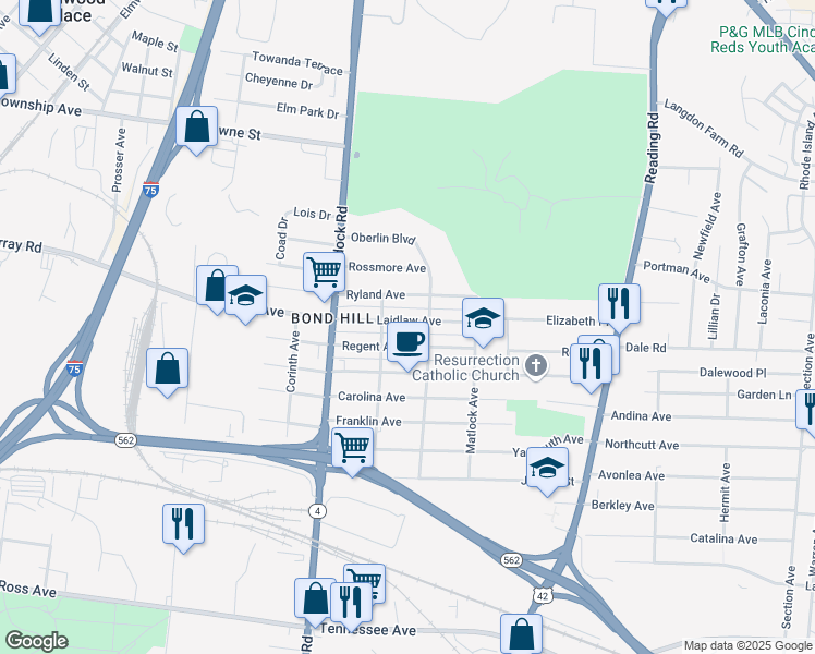 map of restaurants, bars, coffee shops, grocery stores, and more near 1334 Regent Avenue in Cincinnati