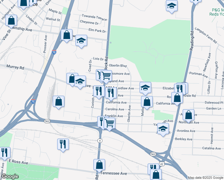map of restaurants, bars, coffee shops, grocery stores, and more near 1216 Regent Avenue in Cincinnati