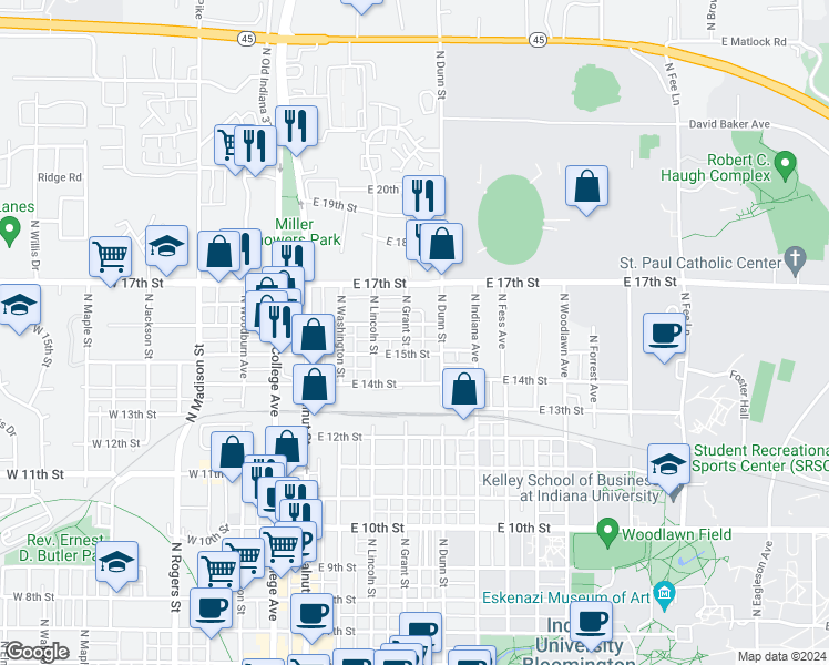 map of restaurants, bars, coffee shops, grocery stores, and more near 408 East 16th Street in Bloomington