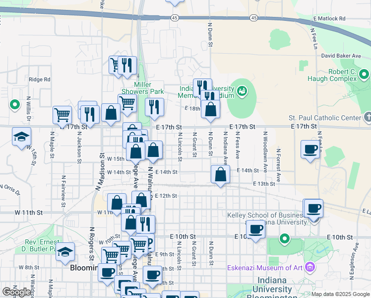 map of restaurants, bars, coffee shops, grocery stores, and more near 309 East 15th Street in Bloomington