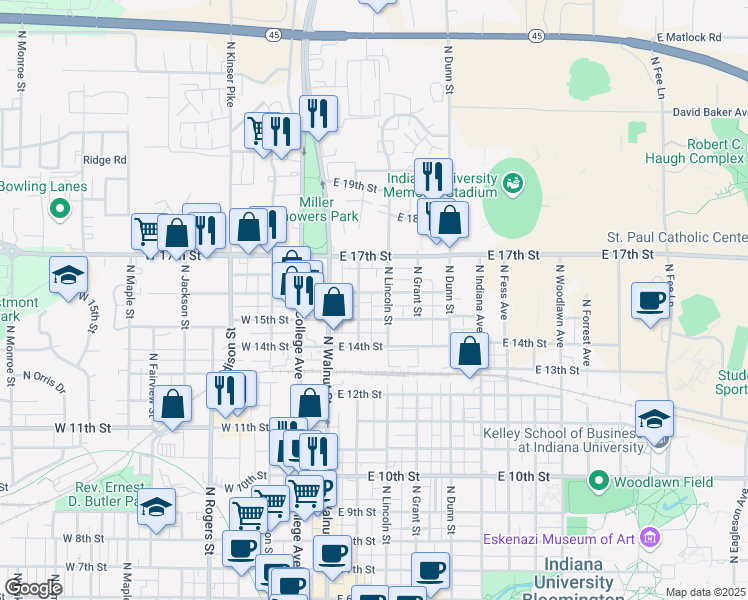 map of restaurants, bars, coffee shops, grocery stores, and more near 203 East 15th Street in Bloomington