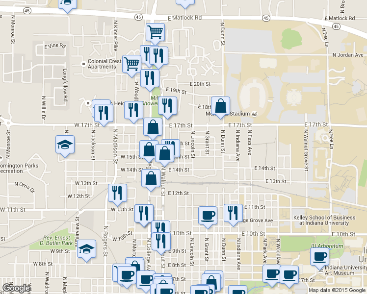 map of restaurants, bars, coffee shops, grocery stores, and more near 203 East 15th Street in Bloomington
